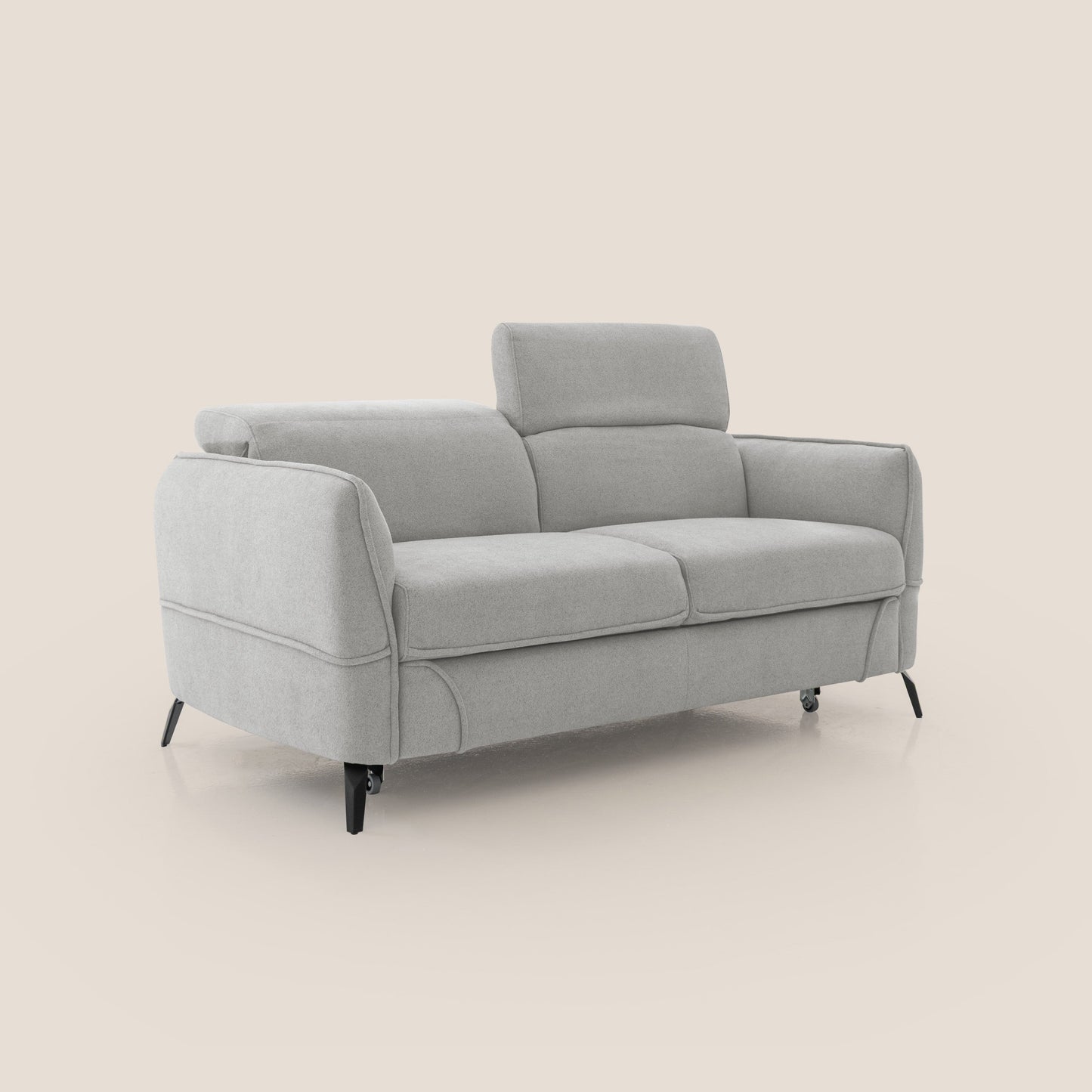 Bloom Divano 180 cm con pouf estraibile piedini alti e poggiatesta reclinabili in tessuto bouclé impermeabile T07 GRIGIO