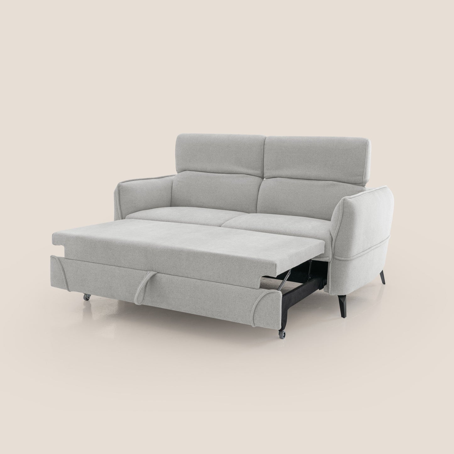 Bloom Divano 180 cm con pouf estraibile piedini alti e poggiatesta reclinabili in tessuto bouclé impermeabile T07 GRIGIO