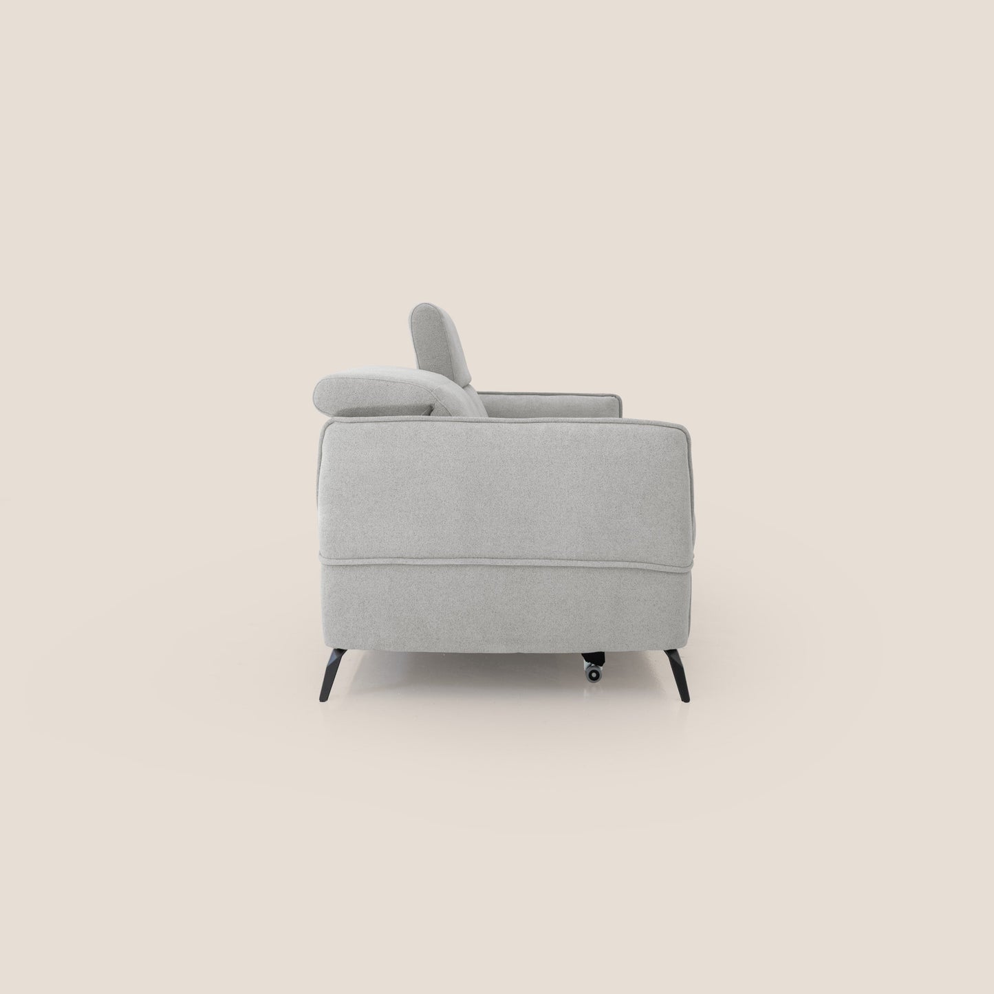 Bloom Divano 180 cm con pouf estraibile piedini alti e poggiatesta reclinabili in tessuto bouclé impermeabile T07 GRIGIO