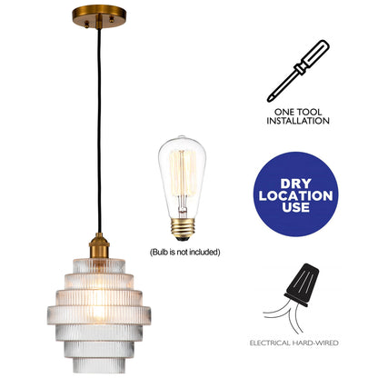 C Cattleya 1-Light Antique Brass Hanging Pendant Light with Striped Glass Shade - Antique Brass