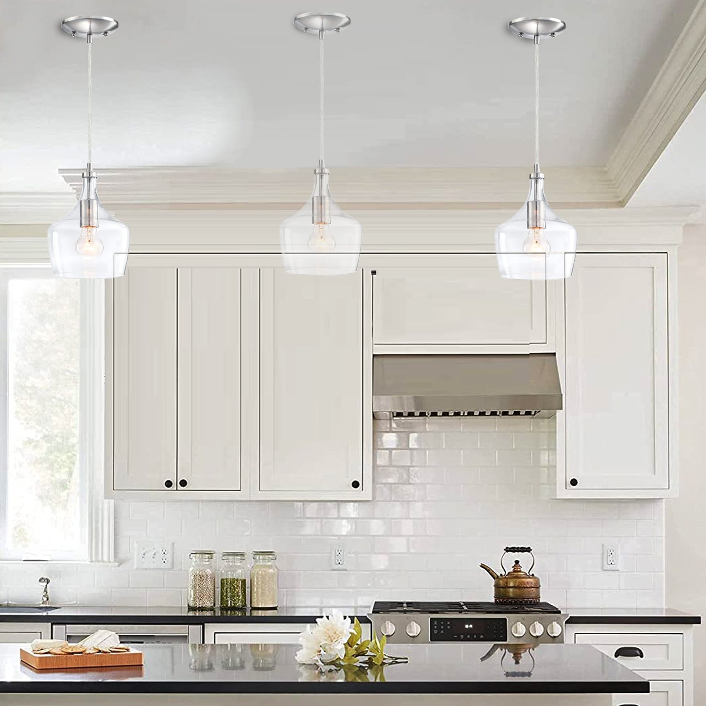 1-Light Kitchen Island Teardrop Clear Glass Pendant（1 or 3-pack can be chosen)