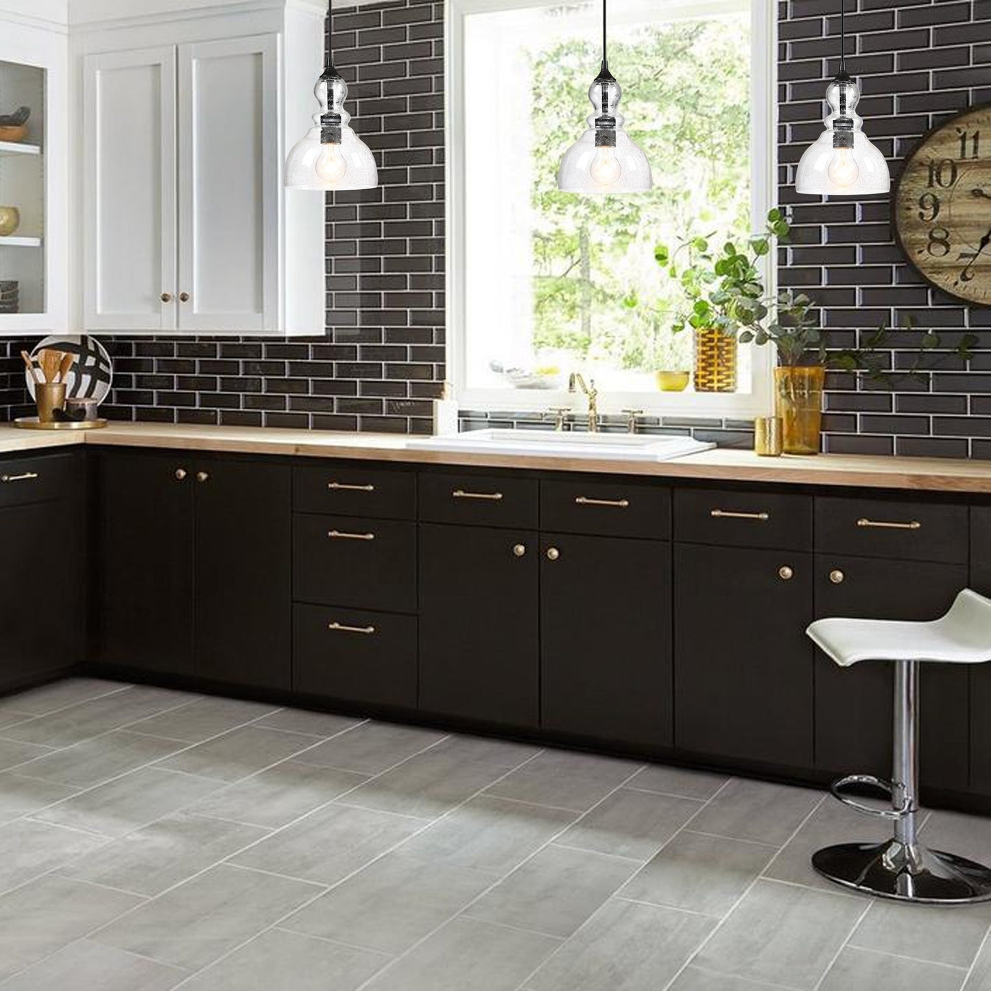 1-Light Kitchen Island Teardrop Seeded Glass Pendant with Black finish 3-pack