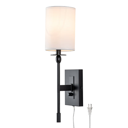 1-Light Matte Black Hardwired/Plug-in Dimmable Indoor Wall Sconce with Fabric Shade