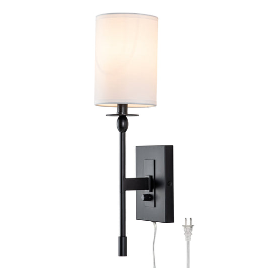 1-Light Matte Black Hardwired/Plug-in Dimmable Indoor Wall Sconce with Fabric Shade