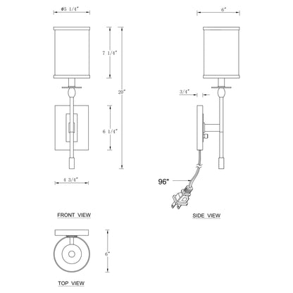 1-Light Matte Black Hardwired/Plug-in Dimmable Indoor Wall Sconce with Fabric Shade