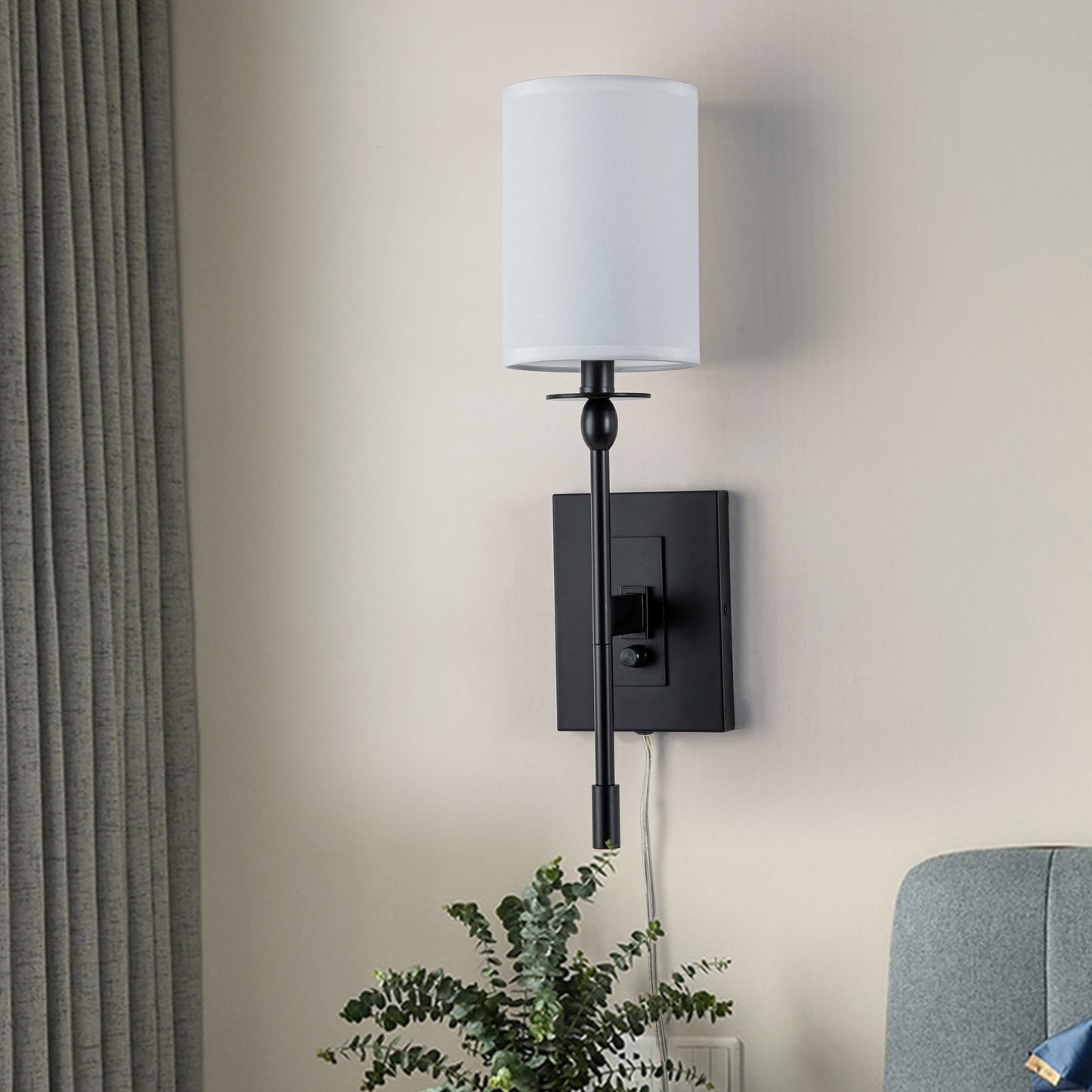 1-Light Matte Black Hardwired/Plug-in Dimmable Indoor Wall Sconce with Fabric Shade