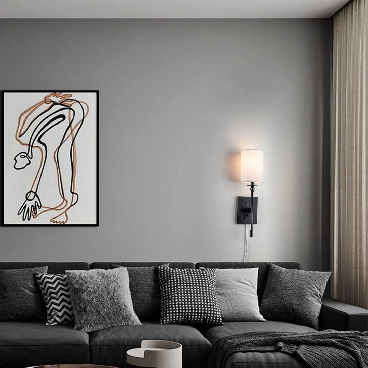 1-Light Matte Black Hardwired/Plug-in Dimmable Indoor Wall Sconce with Fabric Shade