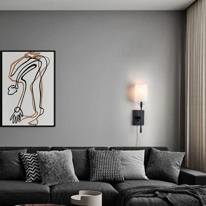 1-Light Matte Black Hardwired/Plug-in Dimmable Indoor Wall Sconce with Fabric Shade
