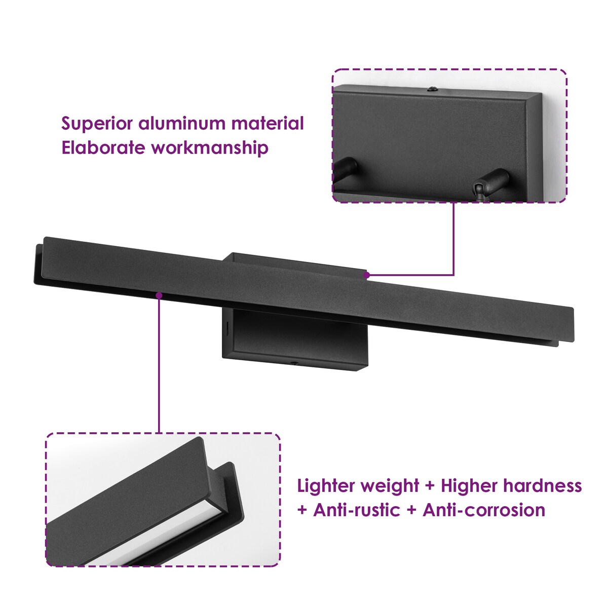 1-Light Modern Linear Black Bathroom Vanity Light Color-Changing Dimmable Rotatable Integrated LED Wall Sconce