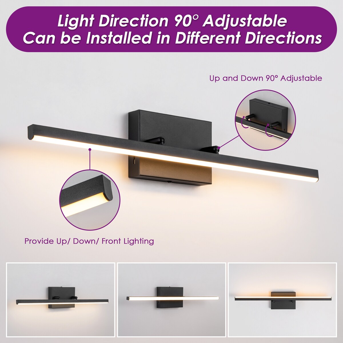 1-Light Modern Linear Black Bathroom Vanity Light Color-Changing Dimmable Rotatable Integrated LED Wall Sconce