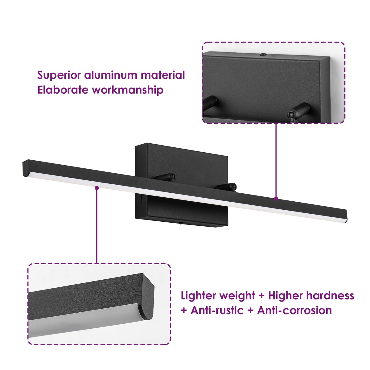 1-Light Modern Linear Black Bathroom Vanity Light Color-Changing Dimmable Rotatable Integrated LED Wall Sconce