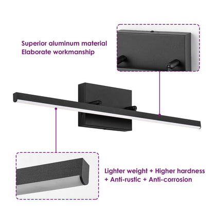 1-Light Modern Linear Black Bathroom Vanity Light Color-Changing Dimmable Rotatable Integrated LED Wall Sconce