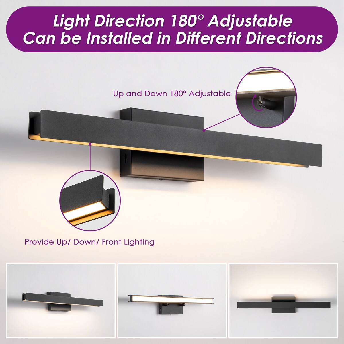 1-Light Modern Linear Black Bathroom Vanity Light Color-Changing Dimmable Rotatable Integrated LED Wall Sconce
