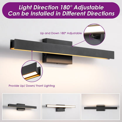 1-Light Modern Linear Black Bathroom Vanity Light Color-Changing Dimmable Rotatable Integrated LED Wall Sconce