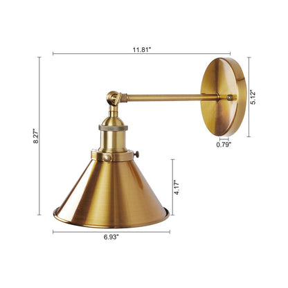 1-Light Wall Sconce With Metal Cone Shade, Brass