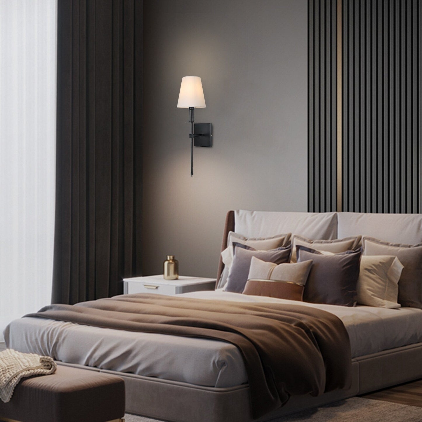 1-Light Wall Sconce with White Fabric Shade