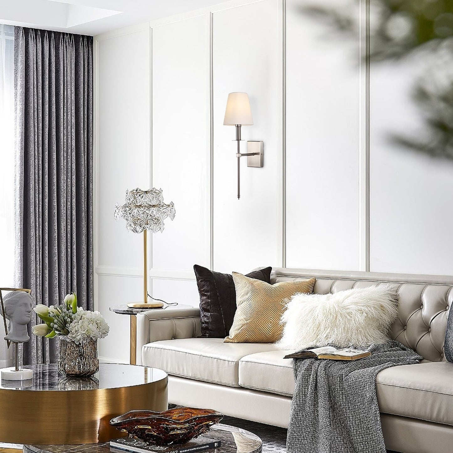 1-Light Wall Sconce with White Fabric Shade