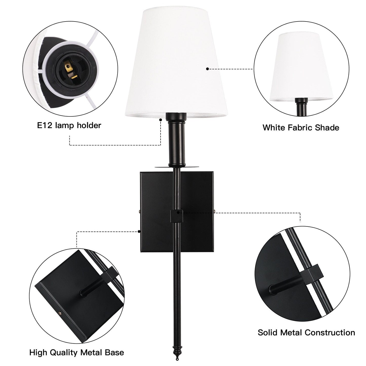 1-Light Wall Sconce with White Fabric Shade