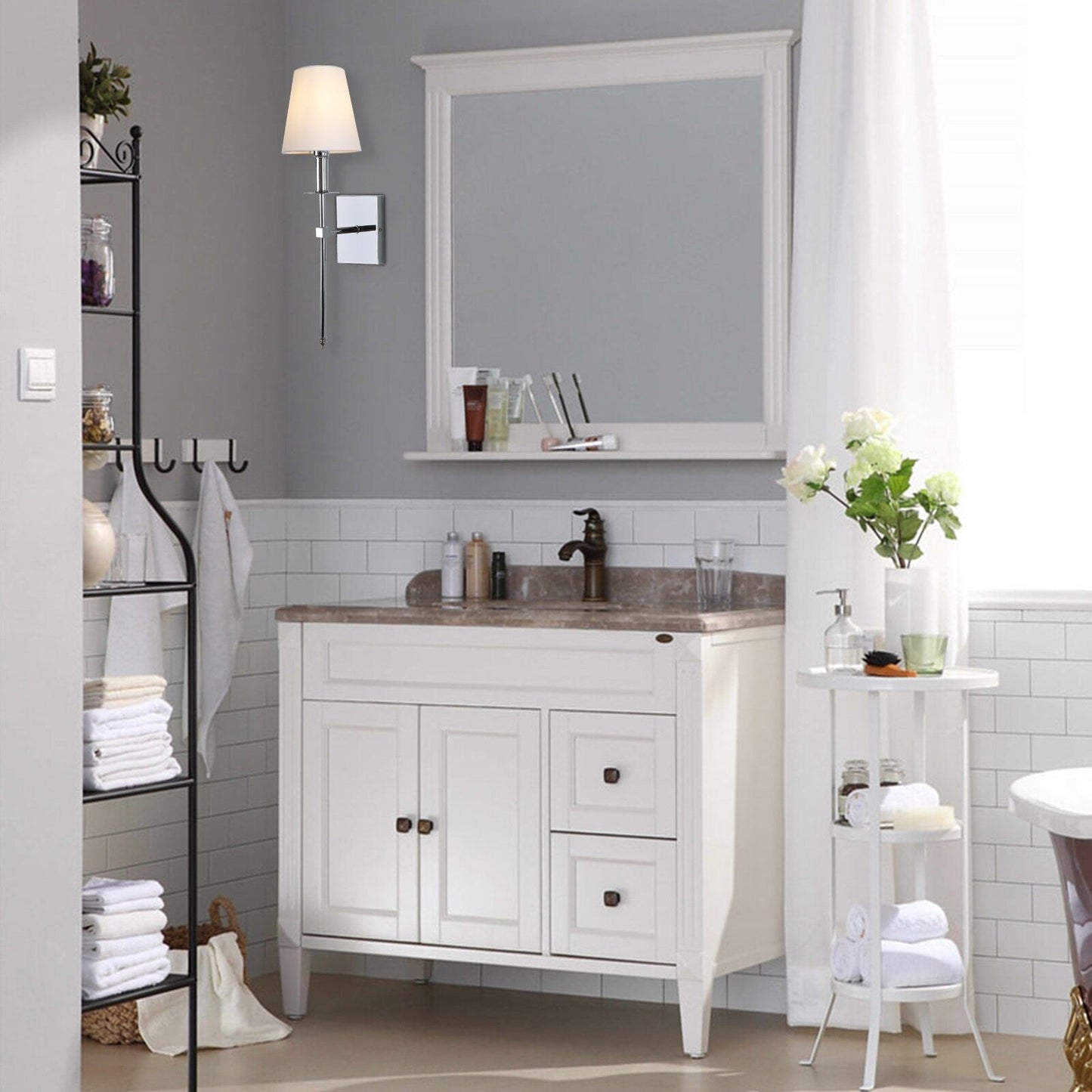 1-Light Wall Sconce with White Fabric Shade