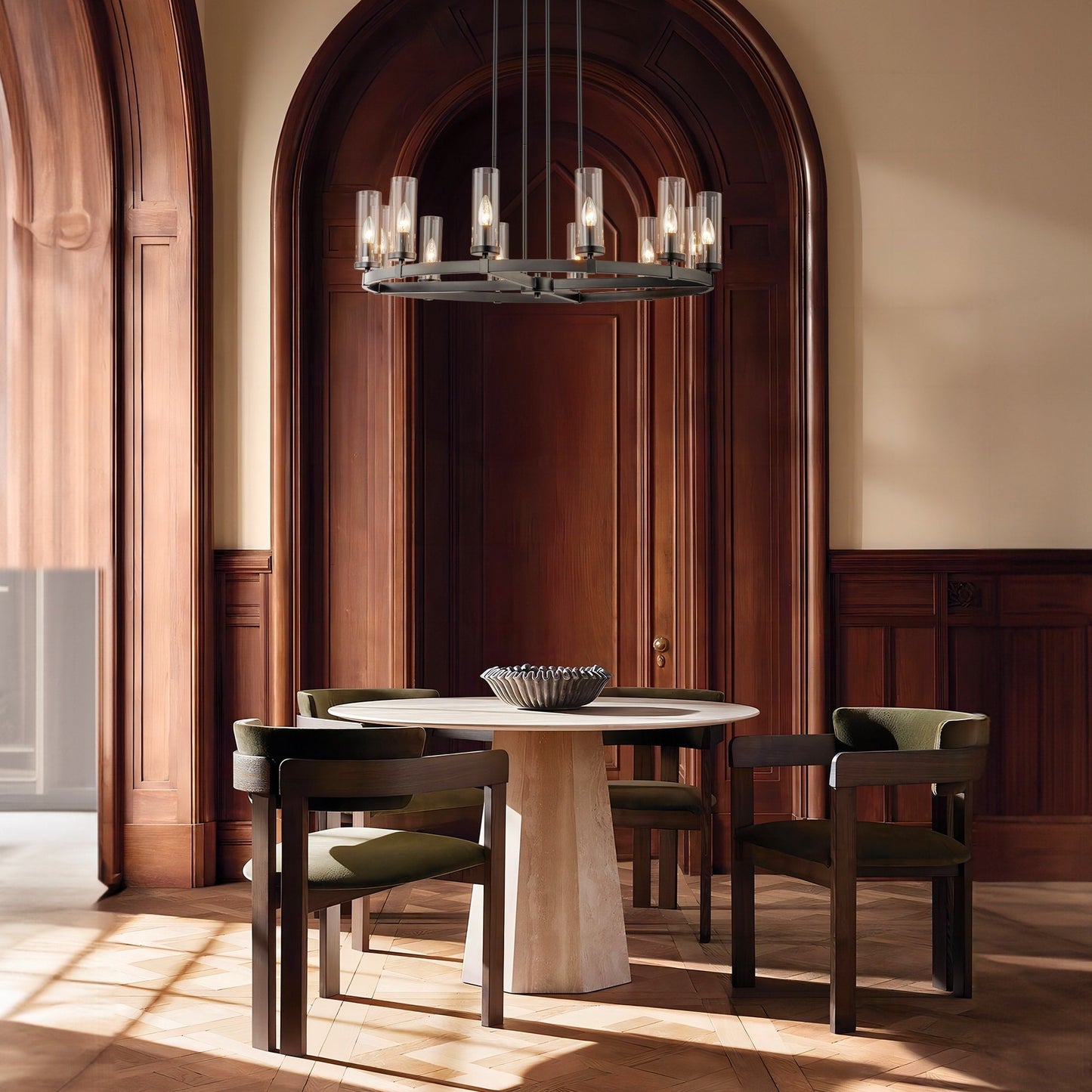 12-Light Mid-Century Modern Cylinder Clear Glass Wagon Wheel Chandelier Gold/Black Large Chandelier