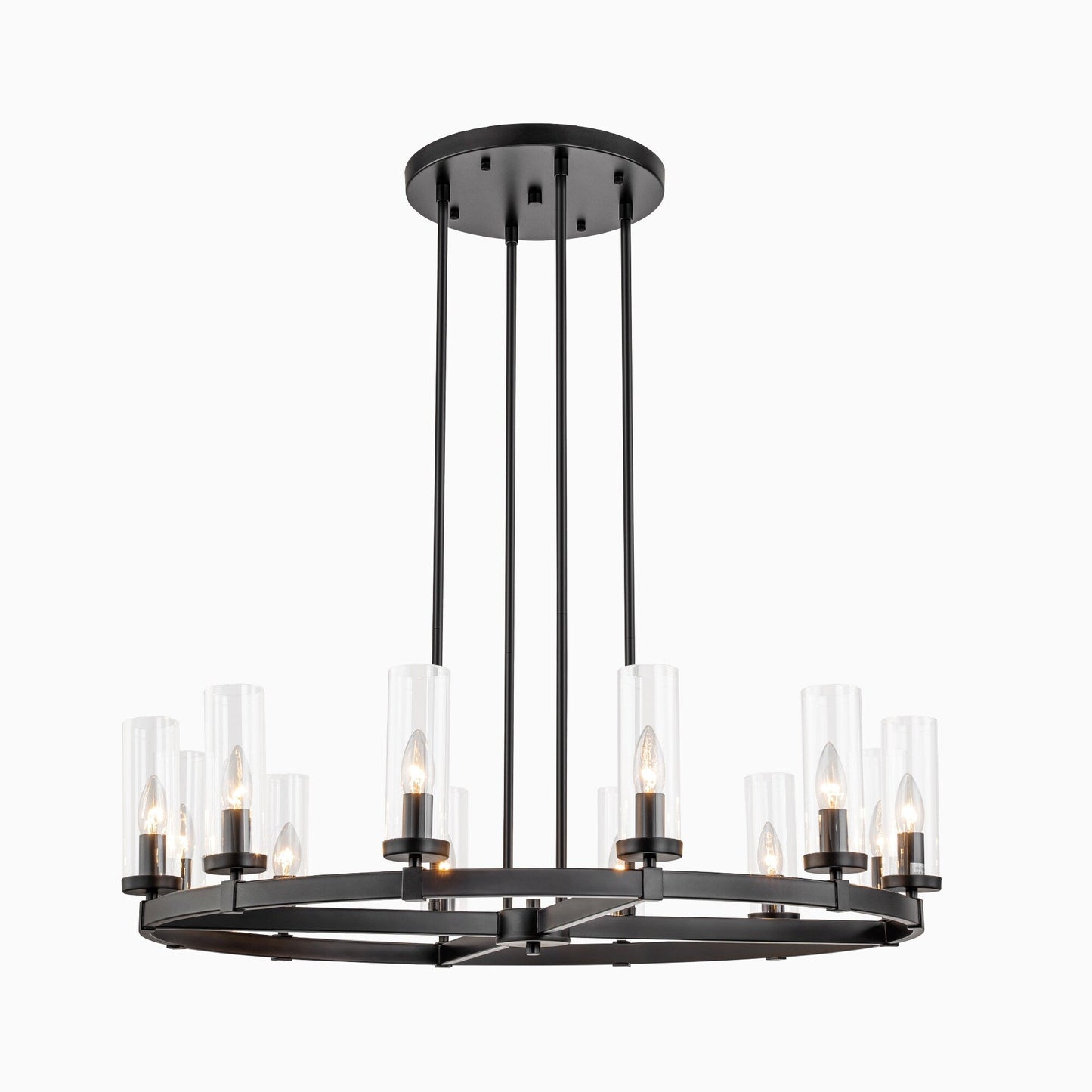 12-Light Mid-Century Modern Cylinder Clear Glass Wagon Wheel Chandelier Gold/Black Large Chandelier