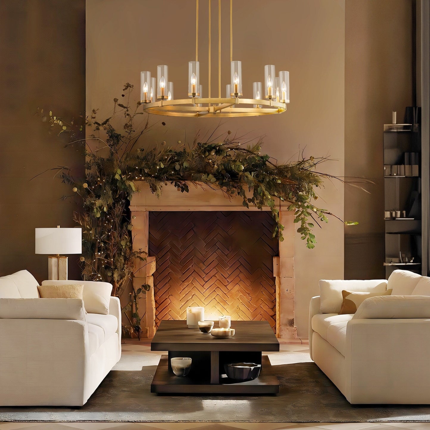 12-Light Mid-Century Modern Cylinder Clear Glass Wagon Wheel Chandelier Gold/Black Large Chandelier