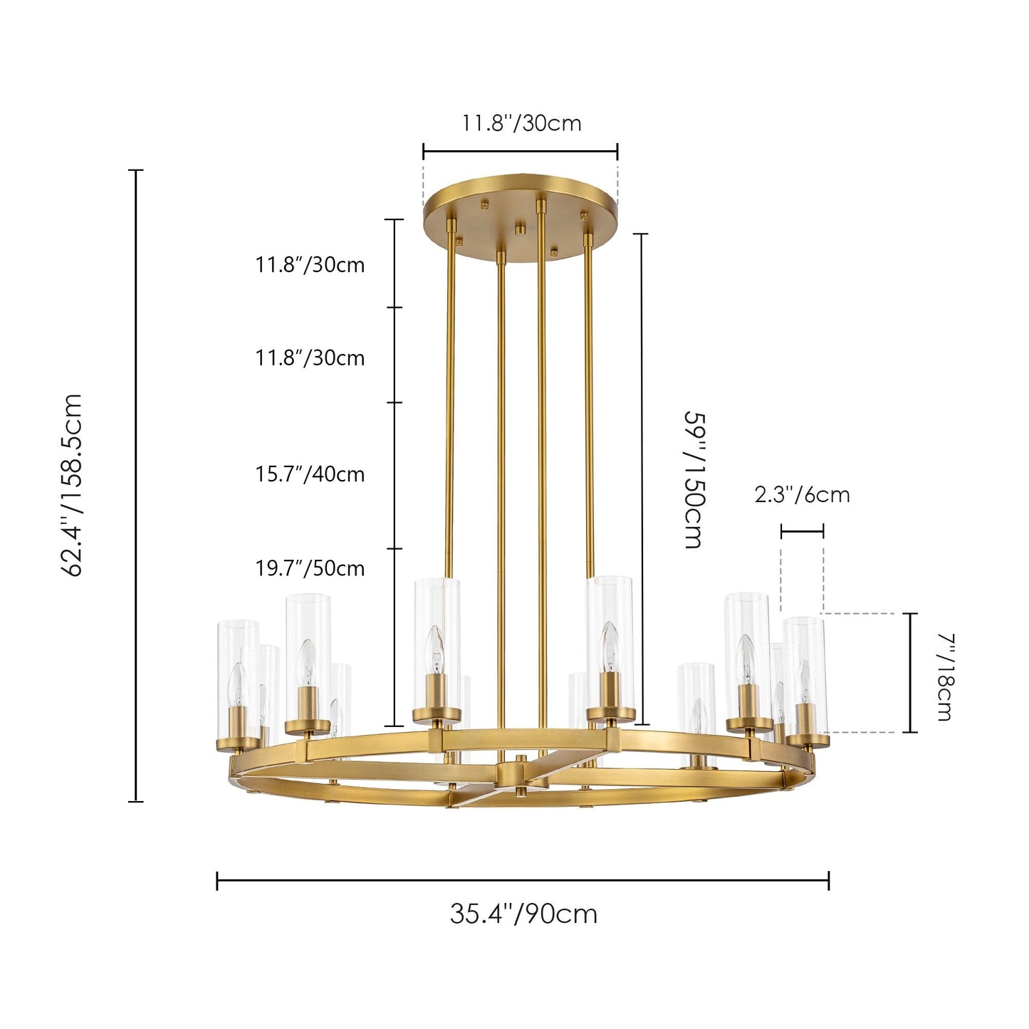 12-Light Mid-Century Modern Cylinder Clear Glass Wagon Wheel Chandelier Gold/Black Large Chandelier