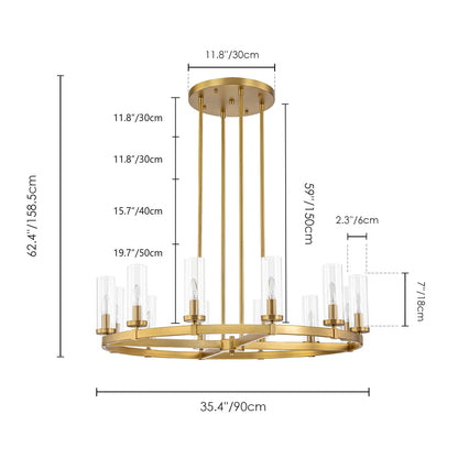 12-Light Mid-Century Modern Cylinder Clear Glass Wagon Wheel Chandelier Gold/Black Large Chandelier