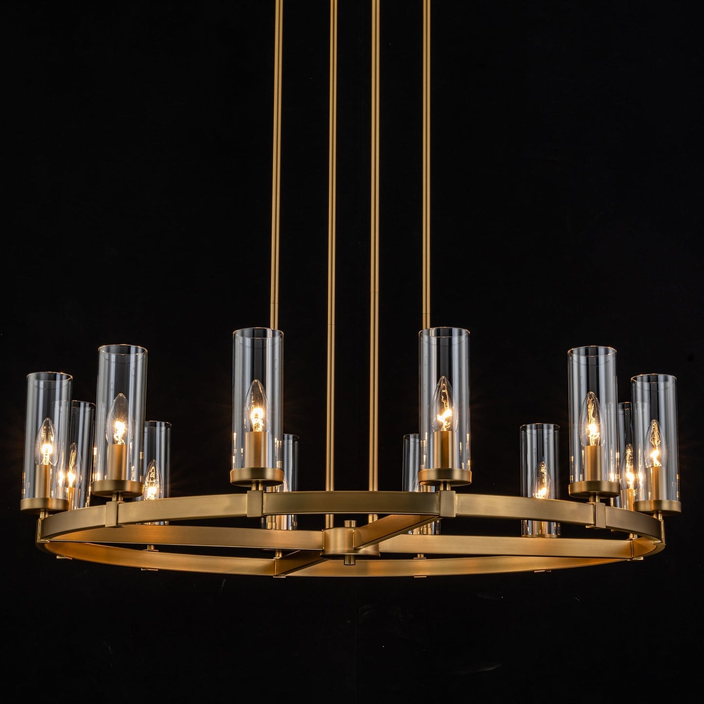 12-Light Mid-Century Modern Cylinder Clear Glass Wagon Wheel Chandelier Gold/Black Large Chandelier
