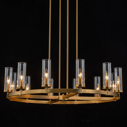 12-Light Mid-Century Modern Cylinder Clear Glass Wagon Wheel Chandelier Gold/Black Large Chandelier
