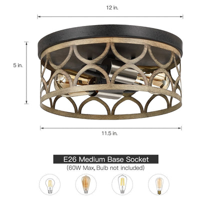 12 in. 2-Light Bronze and Wood Tone Flush Mount Ceiling Light - 12W