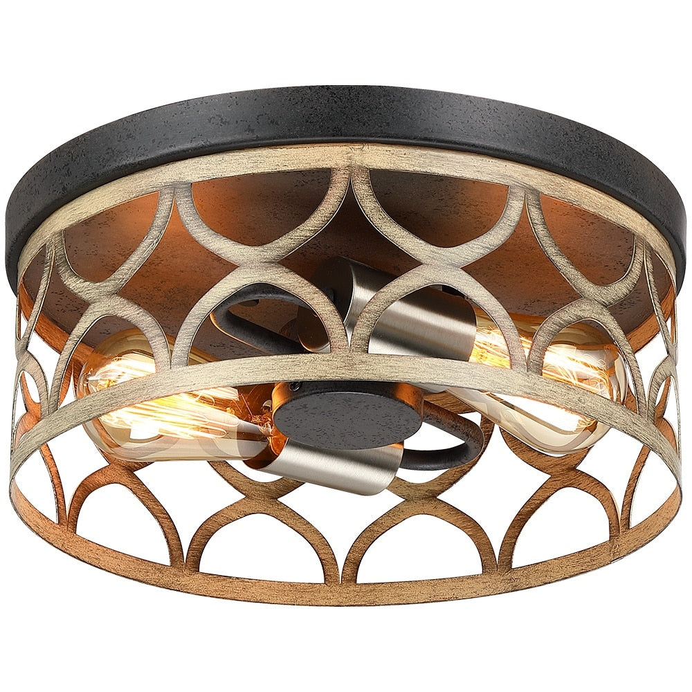 12 in. 2-Light Bronze and Wood Tone Flush Mount Ceiling Light - 12W