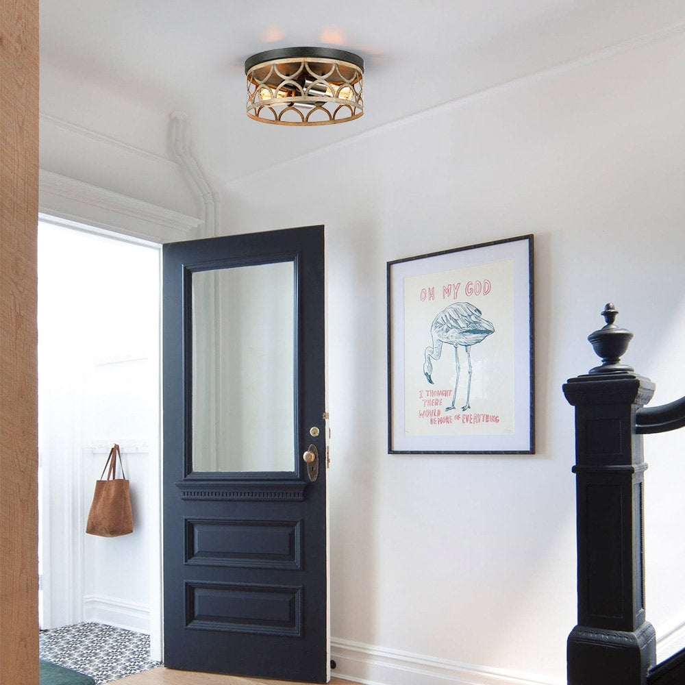 12 in. 2-Light Bronze and Wood Tone Flush Mount Ceiling Light - 12W