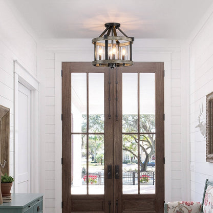 12.5 in. 4-Light Natural Iron and Distressed Faux Wood Modern Farmhouse Semi-Flush Mount Ceiling Light - 12.5W