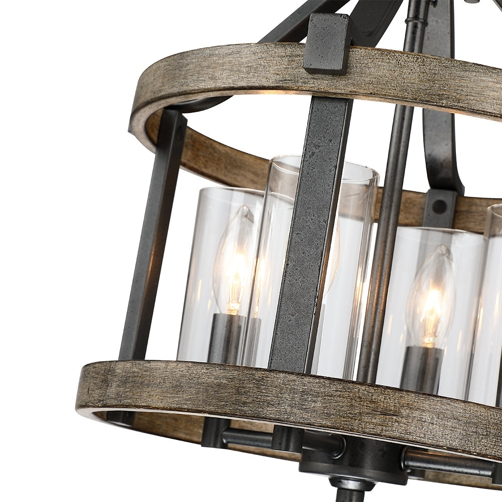 12.5 in. 4-Light Natural Iron and Distressed Faux Wood Modern Farmhouse Semi-Flush Mount Ceiling Light - 12.5W
