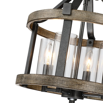 12.5 in. 4-Light Natural Iron and Distressed Faux Wood Modern Farmhouse Semi-Flush Mount Ceiling Light - 12.5W