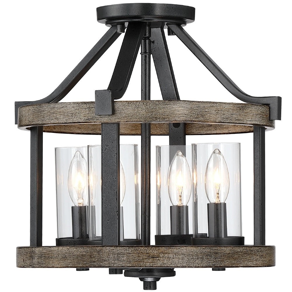 12.5 in. 4-Light Natural Iron and Distressed Faux Wood Modern Farmhouse Semi-Flush Mount Ceiling Light - 12.5W