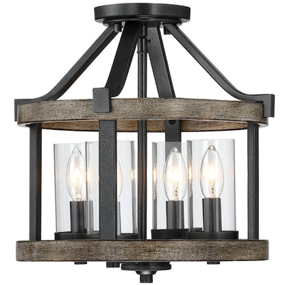 12.5 in. 4-Light Natural Iron and Distressed Faux Wood Modern Farmhouse Semi-Flush Mount Ceiling Light - 12.5W