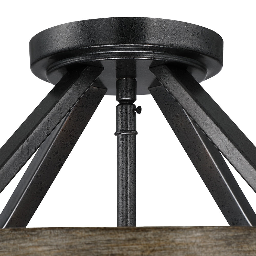 12.5 in. 4-Light Natural Iron and Distressed Faux Wood Modern Farmhouse Semi-Flush Mount Ceiling Light - 12.5W