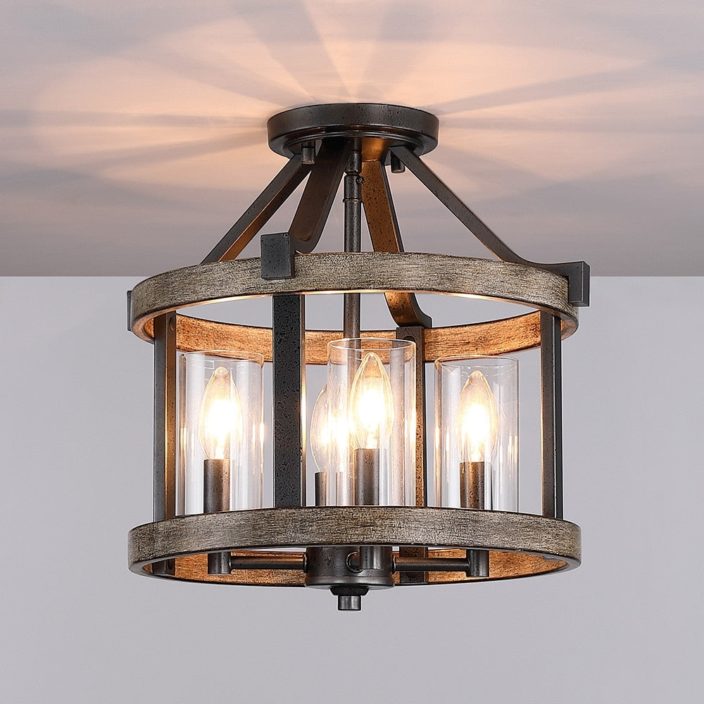 12.5 in. 4-Light Natural Iron and Distressed Faux Wood Modern Farmhouse Semi-Flush Mount Ceiling Light - 12.5W