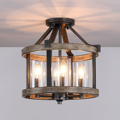 12.5 in. 4-Light Natural Iron and Distressed Faux Wood Modern Farmhouse Semi-Flush Mount Ceiling Light - 12.5W