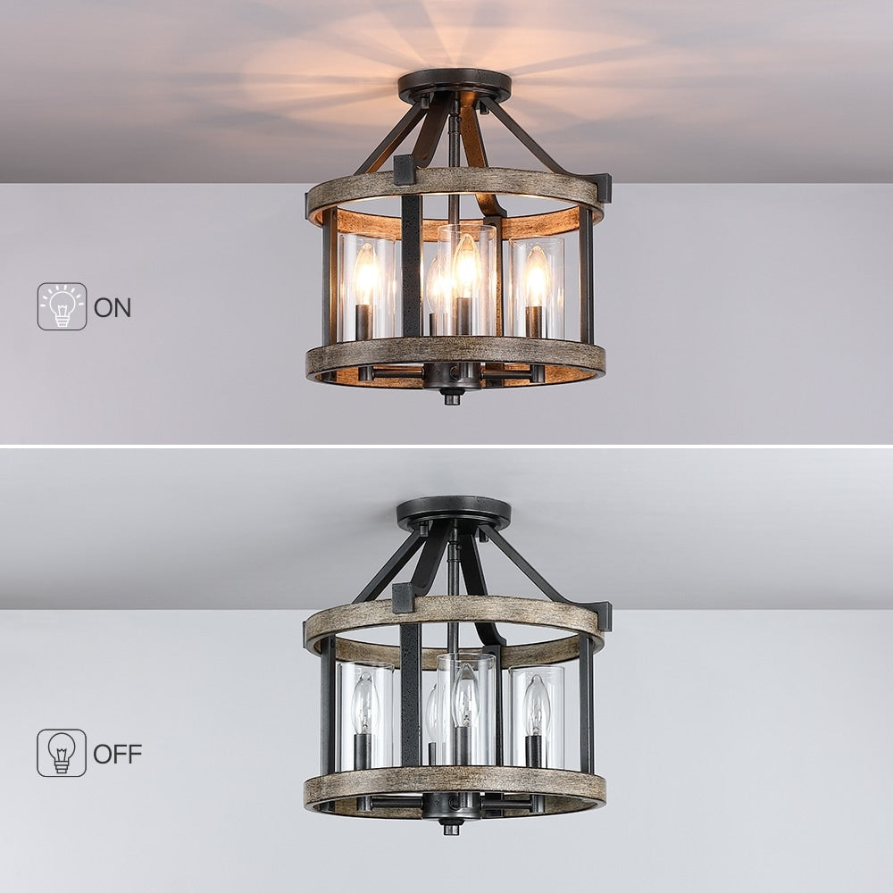 12.5 in. 4-Light Natural Iron and Distressed Faux Wood Modern Farmhouse Semi-Flush Mount Ceiling Light - 12.5W