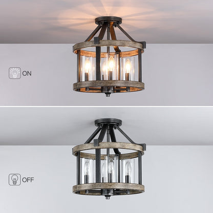 12.5 in. 4-Light Natural Iron and Distressed Faux Wood Modern Farmhouse Semi-Flush Mount Ceiling Light - 12.5W