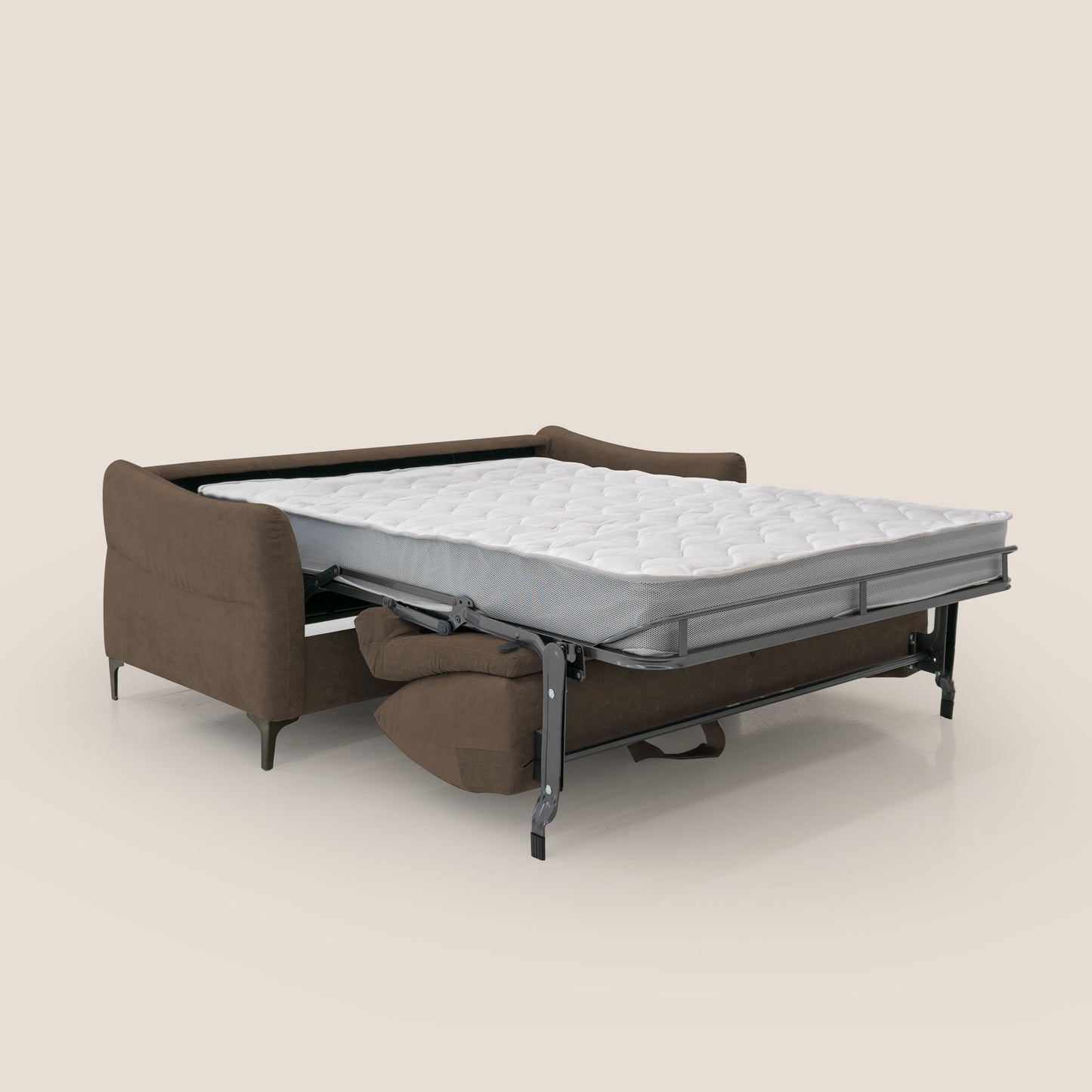 Dalia divano letto con materasso H18 cm e piedi alti in raffinato tessuto smacchiabile T17 marrone