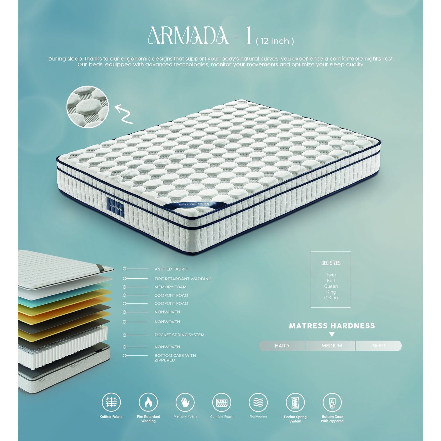 Assembled in USA - 12 Diamond Hybrid Mattress Pocket Coil and Cool Gel Memory Foam