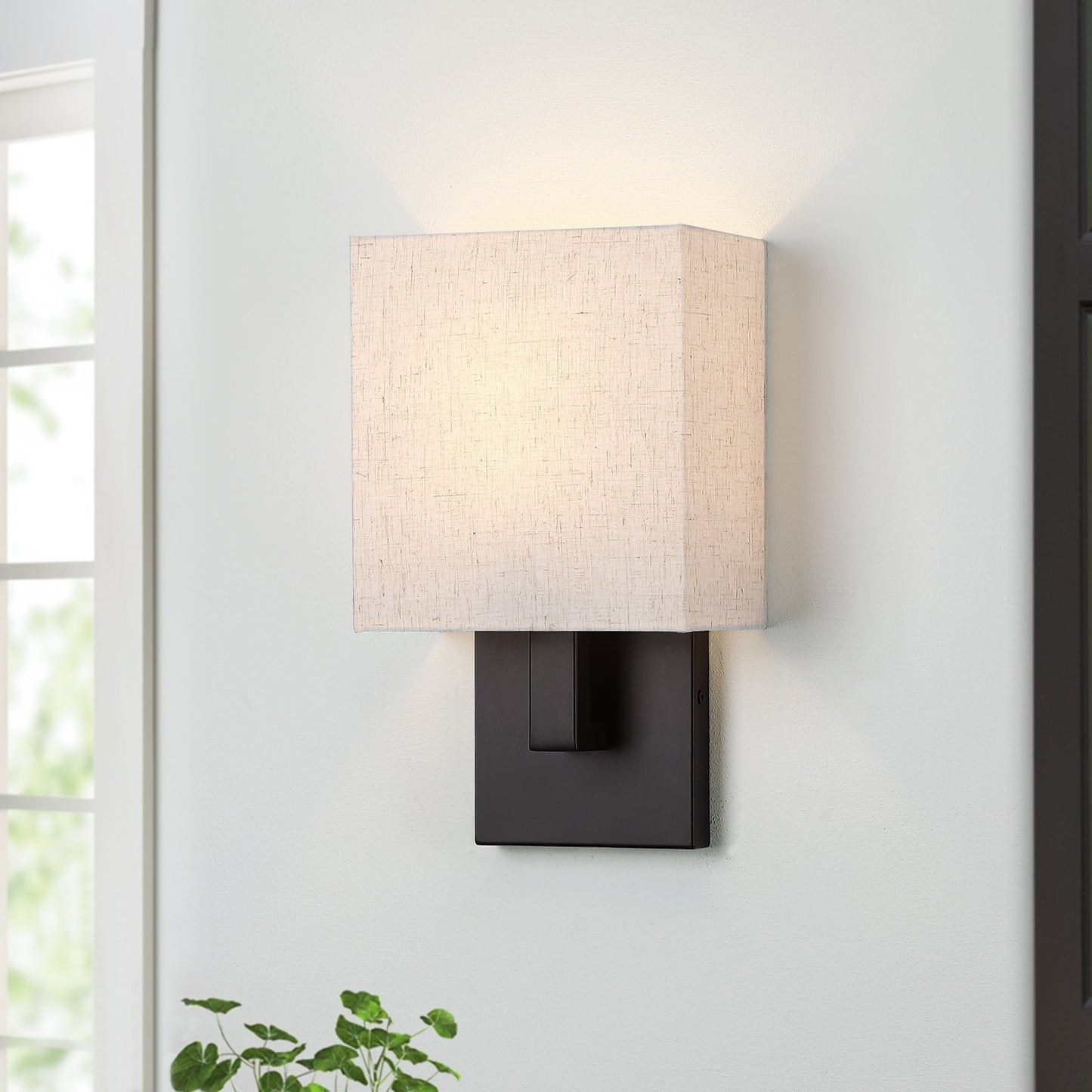 12in H Dark Bronze Wall Sconce Light With Oatmeal Fabric Shade