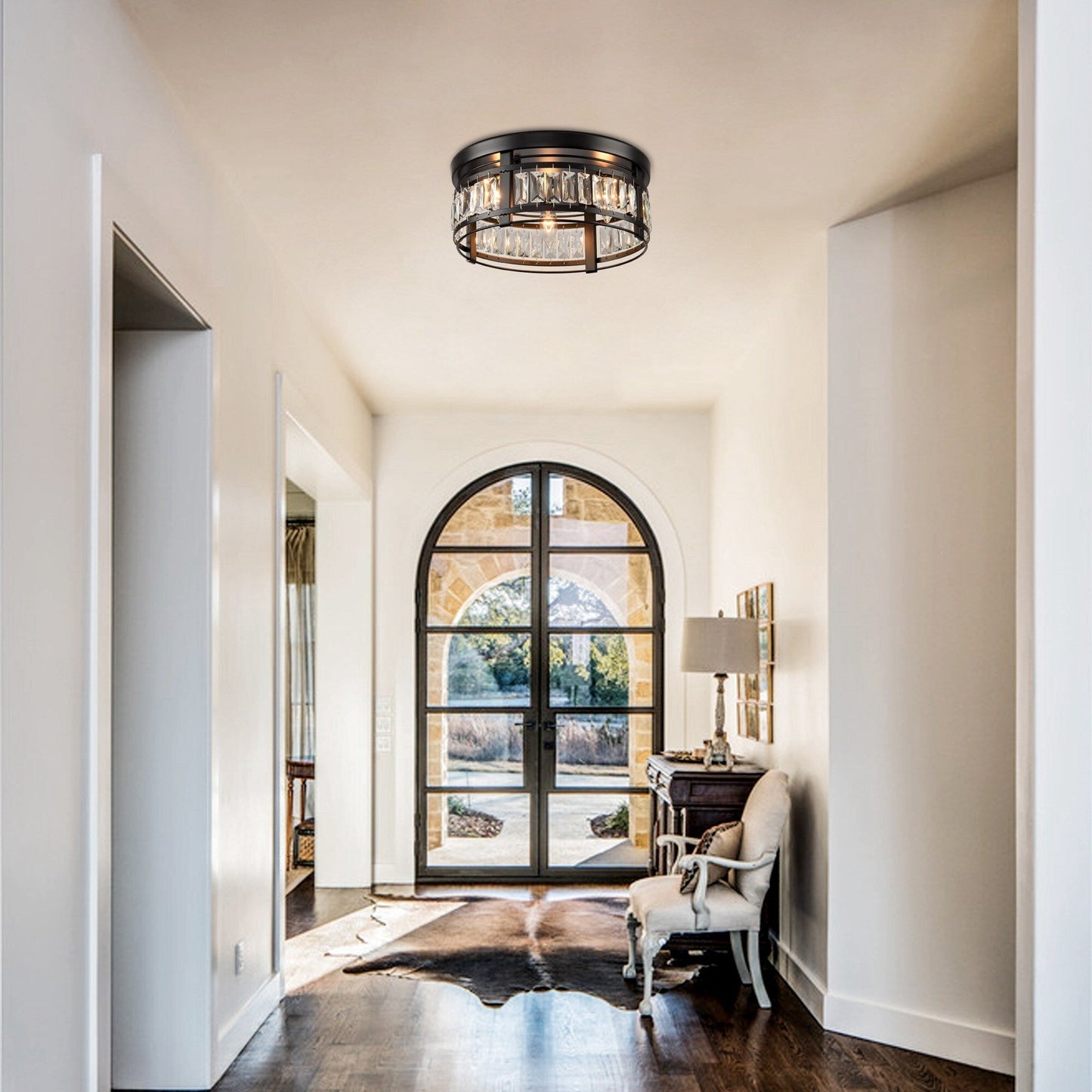 13.3 Modern Black 3-Light Crystal Hallway Flush Mount Chandelier