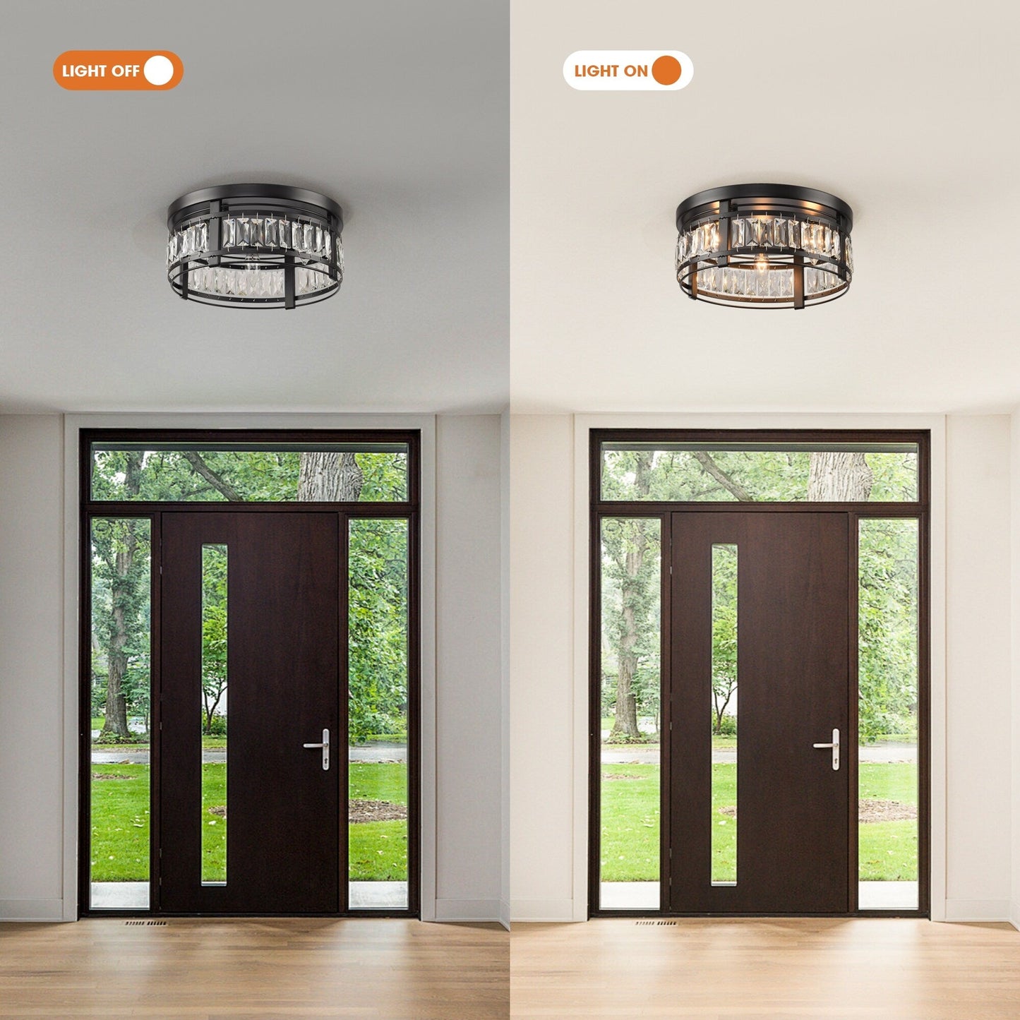 13.3 Modern Black 3-Light Crystal Hallway Flush Mount Chandelier