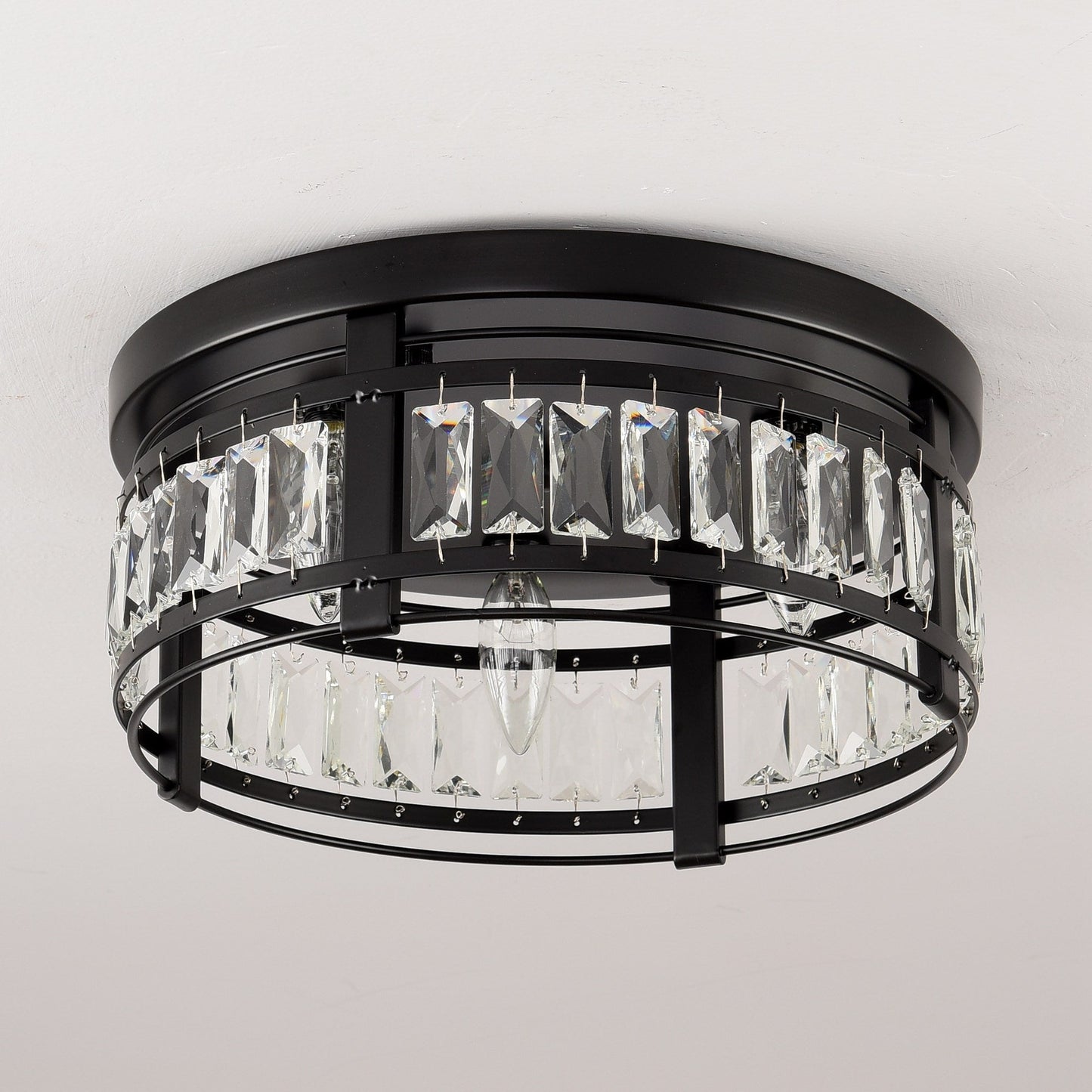 13.3 Modern Black 3-Light Crystal Hallway Flush Mount Chandelier