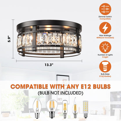 13.3 Modern Black 3-Light Crystal Hallway Flush Mount Chandelier